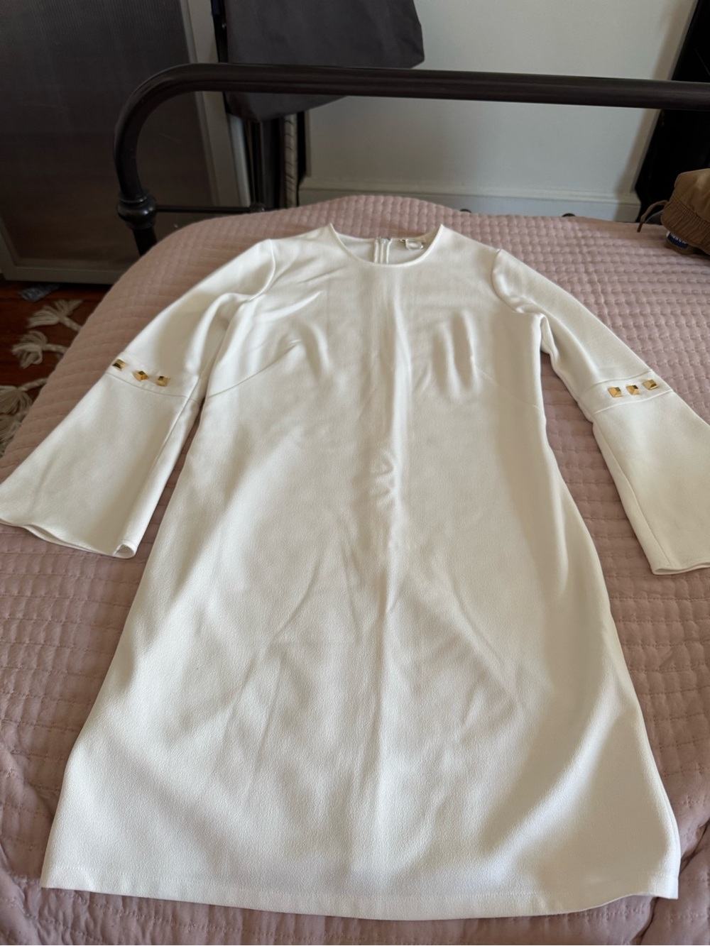 Shoshanna  White Bell Sleeve Dress with Gold studs